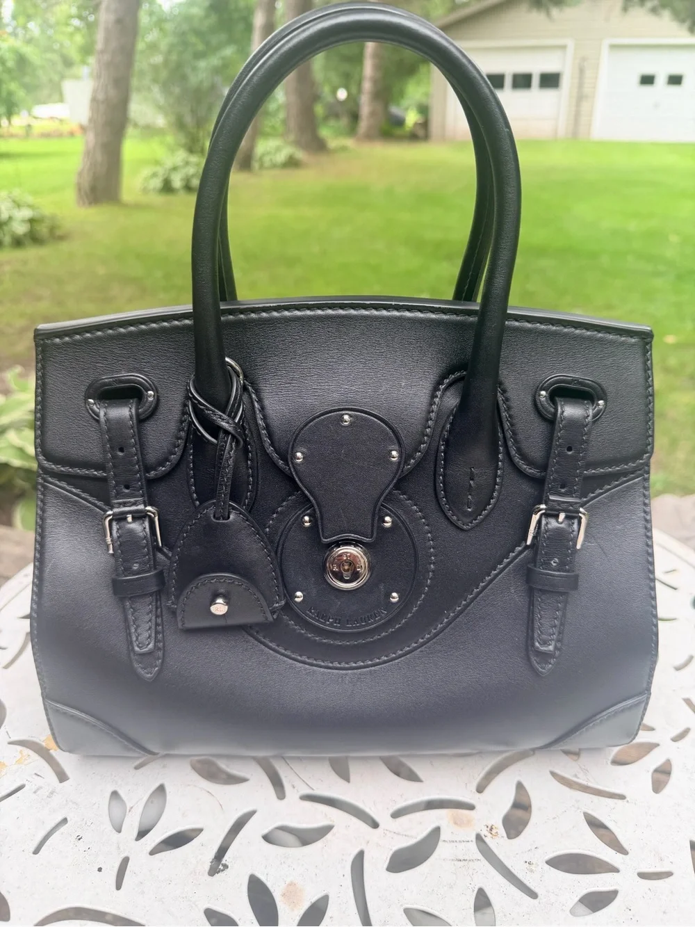 Ralph Lauren Black Leather Top-Handle Satchel with Key Charm